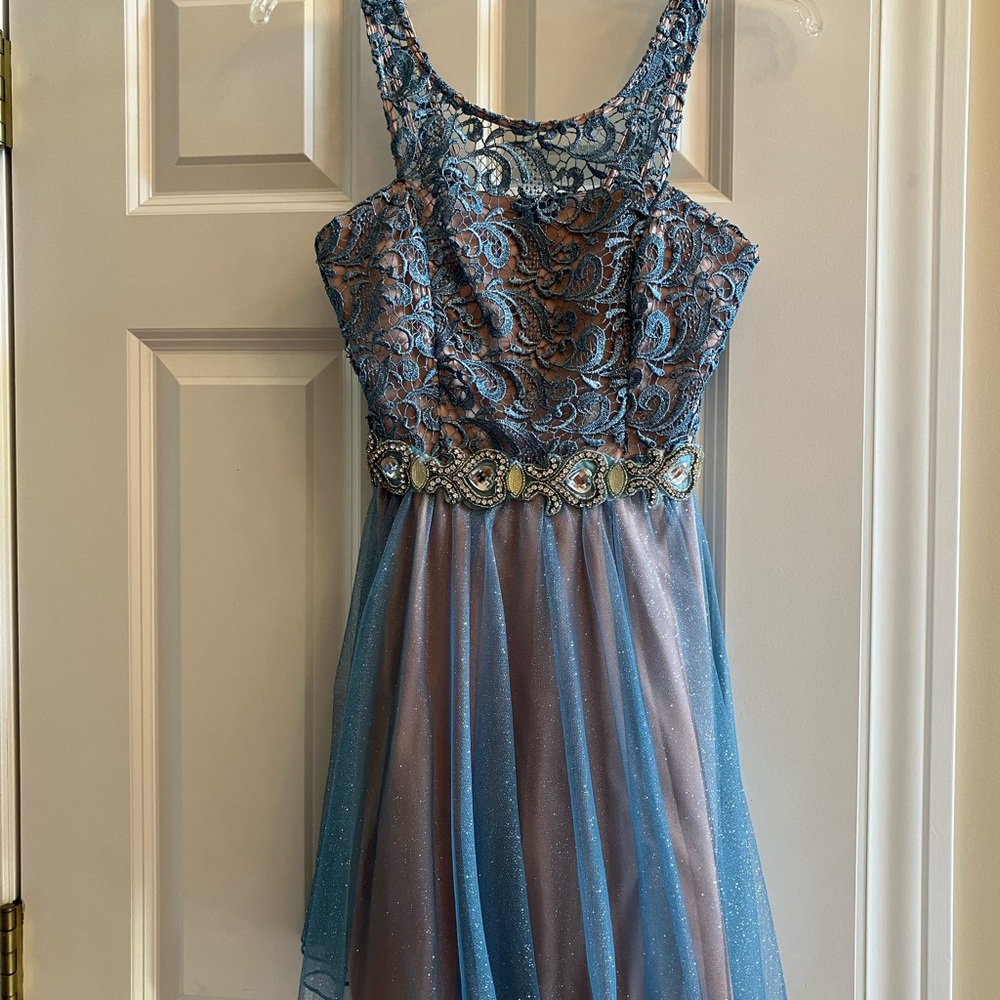 Jodi Kristopher Blue and Silver Lace dress, juniors size 1.